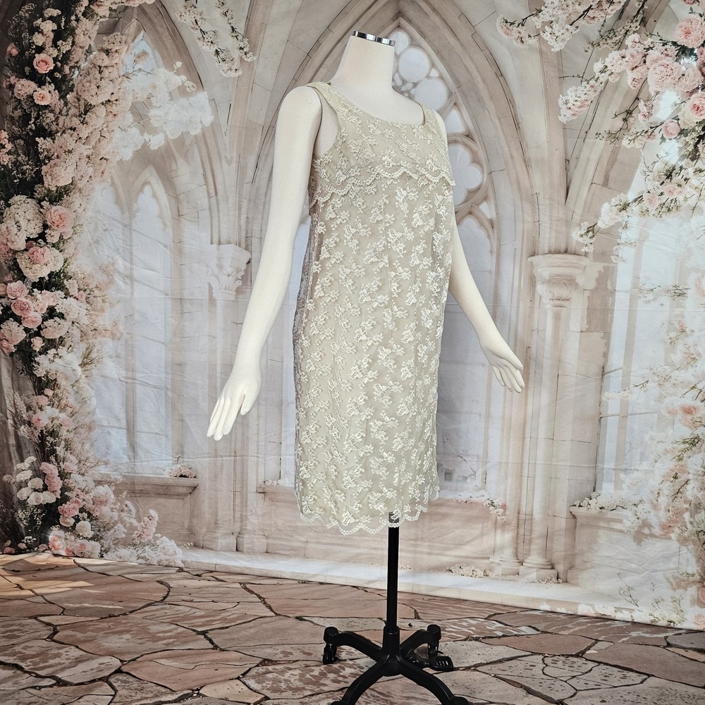 Vintage 1960's Dress Shift Beige Lace Overlay Empire Waist Mod Formal - Picture 2 of 14